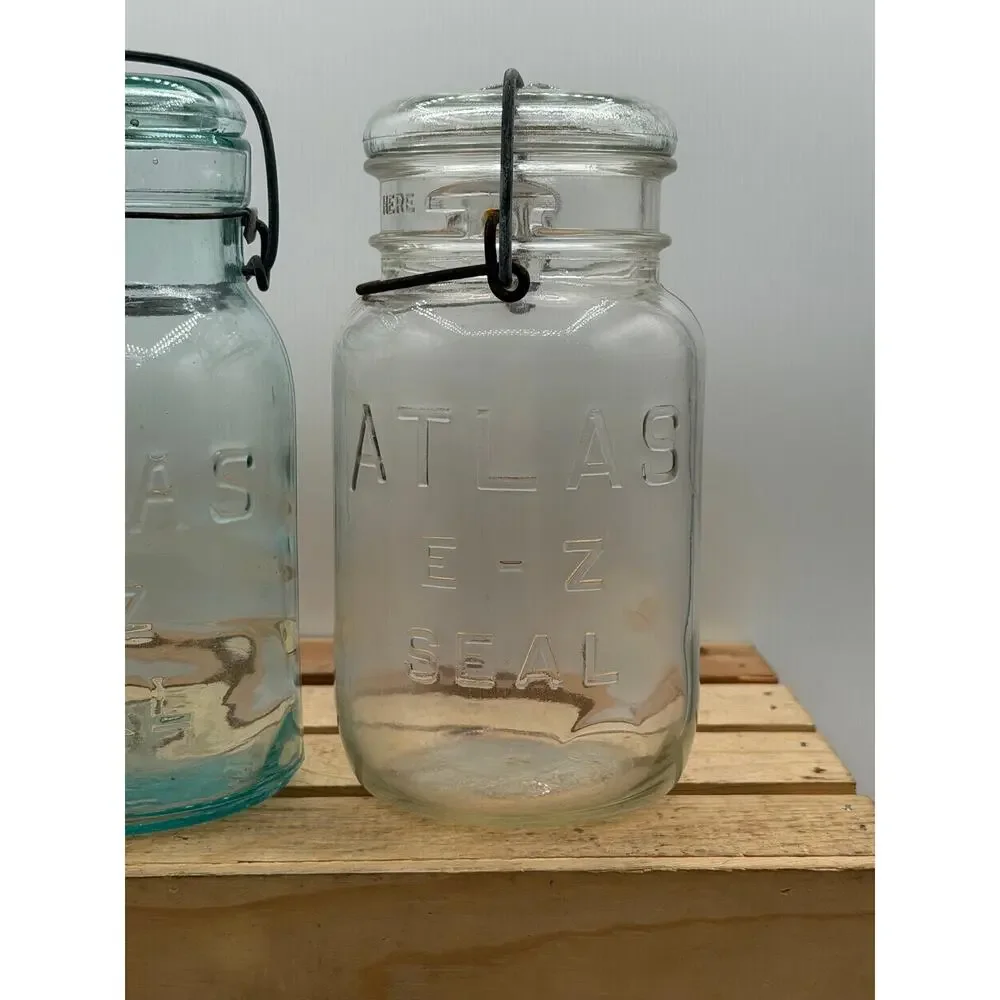 Vintage Atlas E-Z Seal Mason Jars - (Aqua & Clear) - Lot of 2